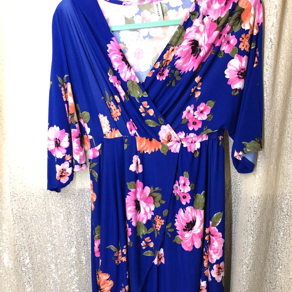 Blue floral mock wrap dress.